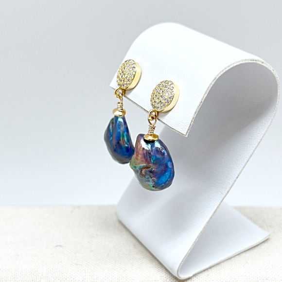 CZ Baroque Black Peacock Pearl Stud Dangles, Gold or Silver, Ships in Gift Box - Picture 7 of 10